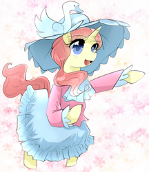 Size: 700x812 | Tagged: safe, artist:namagaki_yukina, character:swan song, species:pony, species:unicorn, clothing, hat, solo, swan dive