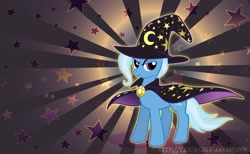 Size: 3036x1875 | Tagged: safe, artist:yamino, character:trixie, clothing, hat, looking at you, moon, photoshop, robe, stars, wallpaper