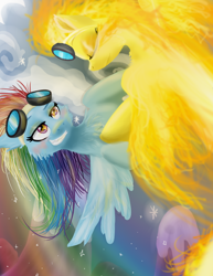 Size: 612x792 | Tagged: safe, artist:cat4lyst, character:rainbow dash, character:spitfire, species:pegasus, species:pony, ship:spitdash, female, flying, goggles, grin, lesbian, mare, shipping, smiling