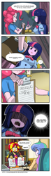 Size: 794x2721 | Tagged: safe, artist:crimsonbugeye, character:pinkie pie, character:princess celestia, character:principal celestia, character:sunset shimmer, character:twilight sparkle, my little pony:equestria girls, bad grade, bad handwriting, celestia is not amused, clothing, comic, crying, cutie mark, cutie mark on clothes, eyebrows, eyebrows visible through hair, handwriting, unamused