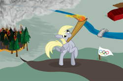 Size: 868x577 | Tagged: safe, artist:philith, character:derpy hooves, species:pegasus, species:pony, female, fire, mare, olympics, solo, torch