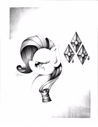 Size: 3091x4000 | Tagged: safe, artist:opticspectrum, character:rarity, species:pony, bust, cutie mark, female, missing horn, monochrome, portrait, solo, traditional art