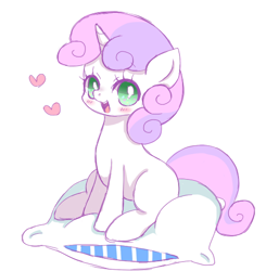 Size: 500x510 | Tagged: safe, artist:yuzuko, character:sweetie belle, species:pony, species:unicorn, blank flank, blushing, cute, diasweetes, female, filly, heart, open mouth, pillow, pixiv, simple background, solo, white background