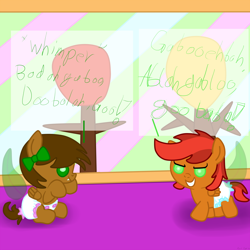 Size: 1280x1280 | Tagged: safe, artist:emerald rush, oc, oc only, oc:emerald rush, oc:sundried tomato, species:pegasus, species:pony, baby, diaper, foal, nursery, pegaling, smelly