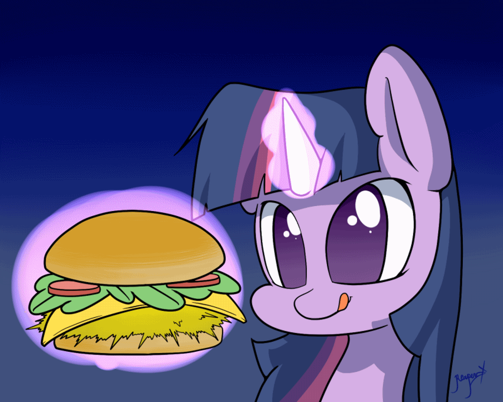 Size: 1000x800 | Tagged: safe, artist:xonitum, character:twilight sparkle, character:twilight sparkle (alicorn), species:alicorn, species:pony, animated, eye shimmer, eyes on the prize, female, food, hay burger, licking lips, magic, mare, smiling, solo, that pony sure does love burgers, tongue out, twilight burgkle