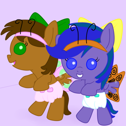 Size: 2400x2400 | Tagged: safe, artist:emerald rush, oc, oc only, oc:emerald rush, oc:night spectrum, species:pegasus, species:pony, antennae, baby, baby pony, butterfly, clothing, costume, diaper, foal, pegaling