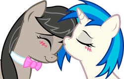Size: 2312x1466 | Tagged: safe, artist:kennyklent, character:dj pon-3, character:octavia melody, character:vinyl scratch, ship:scratchtavia, blushing, female, kissing, lesbian, shipping