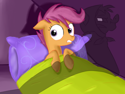Size: 1400x1050 | Tagged: safe, artist:robsa990, character:scootaloo, episode:sleepless in ponyville, g4, my little pony: friendship is magic, bed, olden pony, shadow