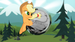 Size: 1920x1080 | Tagged: safe, artist:abion47, artist:meteor-venture, character:applejack, color, female, field, grayscale, jumping, monochrome, solo, tree, vector, wallpaper