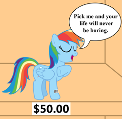 Size: 1177x1148 | Tagged: safe, artist:vincentthecrow, part of a set, character:rainbow dash, barcode, bronybait, dialogue, female, ponies for sale, price tag, shut up and take my money, solo, speech bubble