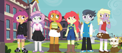 Size: 2004x876 | Tagged: safe, artist:schwarzekatze4, character:apple bloom, character:babs seed, character:dinky hooves, character:rumble, character:scootaloo, character:sweetie belle, oc, oc:ganache, harmony-verse, my little pony:equestria girls, alternate universe, ask the harmony crusaders, cat, equestria girls-ified, species swap