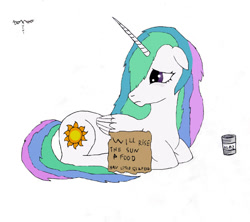 Size: 1204x1068 | Tagged: safe, artist:rodolfomushi, character:princess celestia, species:pony, hobo, homeless, simple background, white background, will x for y