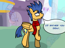 Size: 500x375 | Tagged: safe, artist:flashsentrysartwork, character:flash sentry, oc, clothing, dialogue, embarrassed, nervous, scarf, speech bubble