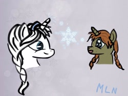 Size: 2048x1536 | Tagged: safe, artist:mylittleninja, anna, braid, disney, elsa, foal, frozen (movie), ponytail, snow, snowflake