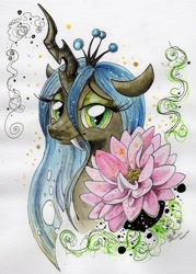 Size: 891x1243 | Tagged: safe, artist:donika-schovina, character:queen chrysalis, species:changeling, changeling queen, fangs, female, flower, looking at you, portrait, smiling, solo, traditional art