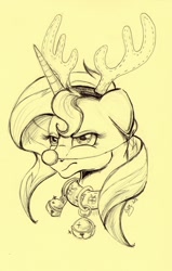 Size: 446x700 | Tagged: safe, artist:donika-schovina, character:sunset shimmer, species:pony, species:reindeer, species:unicorn, antlers, bells, christmas, clothing, collar, costume, female, floppy ears, frown, glare, solo, traditional art, unamused