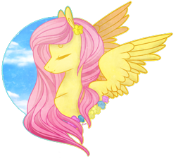 Size: 750x675 | Tagged: safe, artist:captivelegacy, character:fluttershy, species:pegasus, species:pony, beautiful, cute, eyes closed, fanart, female, flower, flower in hair, mare, sky, smiling, solo, spread wings, wings