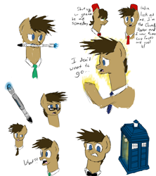 Size: 1600x1800 | Tagged: safe, artist:megaartist923, character:doctor whooves, character:time turner, clothing, doctor who, eleventh doctor, fez, hat, sonic screwdriver, tardis, tenth doctor