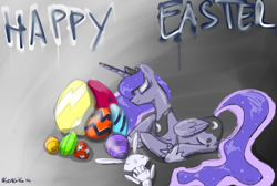Size: 2905x1954 | Tagged: safe, artist:nadvgia, character:angel bunny, character:princess luna, easter, easter egg