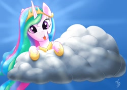 Size: 1754x1240 | Tagged: safe, artist:bluespaceling, character:princess celestia, species:pony, blep, cloud, crepuscular rays, cute, cutelestia, female, leaning, looking at you, peeking, silly, silly pony, smiling, solo, tongue out