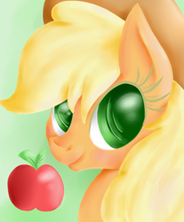 Size: 2900x3500 | Tagged: safe, artist:pumpkinkikile, character:applejack, species:pony, apple, bust, colored eyebrows, female, green background, mare, simple background, smiling, solo