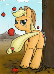 Size: 608x832 | Tagged: safe, artist:dennyhooves, character:applejack, apple, applebucking, clothing, cloud, cowboy hat, dirt, dirty, female, hat, looking back, plot, smiling, solo, stetson, tree