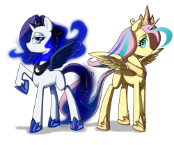Size: 1800x1500 | Tagged: safe, artist:xonitum, character:fluttershy, character:princess celestia, character:princess luna, character:rarity, species:pegasus, species:pony, species:unicorn, accessory swap, clothing, colored pupils, constellation, costume, ethereal mane, eyeshadow, fake horn, fake wings, female, frown, hoof shoes, jewelry, lidded eyes, looking at you, lunarity, makeup, mane swap, mare, peytral, raised hoof, shylestia, simple background, smiling, spread wings, tiara, transparent background, wings