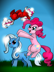 Size: 588x784 | Tagged: safe, artist:unitoone, character:pinkie pie, character:trixie, oc, parent:pinkie pie, parent:trixie, parents:trixiepie, ship:trixiepie, blank flank, female, lesbian, magical lesbian spawn, offspring, shipping