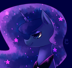 Size: 816x766 | Tagged: safe, artist:marshmellowcannibal, character:princess luna, species:alicorn, species:pony, bust, female, horn, jewelry, mare, portrait, profile, regalia, smiling, solo