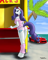 Size: 800x1000 | Tagged: safe, artist:stigma-photon, character:rarity, species:anthro, species:unguligrade anthro, 80s, ass, beach, california, car, clothing, earring, female, food stand, hooves, leg warmers, ocean, off shoulder, palm tree, shirt, shorts, solo, sunglasses, tree
