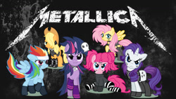 Size: 1191x670 | Tagged: safe, artist:schnuffitrunks, character:applejack, character:fluttershy, character:pinkie pie, character:rainbow dash, character:rarity, character:twilight sparkle, fishnets, heavy metal, mane six, metal, metallica, rock