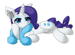 Size: 6001x4474 | Tagged: safe, artist:mimtii, character:rarity, species:pony, species:unicorn, absurd resolution, bored, clothing, ear fluff, feather boa, female, looking at you, mare, on side, scarf, simple background, solo, thick eyebrows, transparent background
