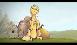 Size: 1561x915 | Tagged: safe, artist:qsteel, character:applejack, species:earth pony, species:pony, barrel, cart, eyes closed, female, grass, outdoors, scenery, sitting, smiling, solo, wheel