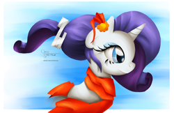 Size: 2550x1650 | Tagged: safe, artist:opticspectrum, character:rarity, species:pony, species:unicorn, alternate hairstyle, clothing, female, ponytail, profile, ribbon, scarf, smiling, solo