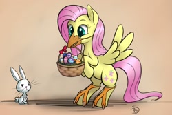 Size: 1500x1000 | Tagged: safe, artist:bluespaceling, character:angel bunny, character:fluttershy, basket, chick, clothing, costume, easter, easter egg