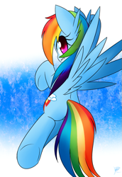 Size: 557x808 | Tagged: safe, artist:ranban, character:rainbow dash, species:pegasus, species:pony, abstract background, colored pupils, female, flying, looking at you, looking back, looking back at you, mare, pixiv, plot, solo, spread wings, underhoof, wings