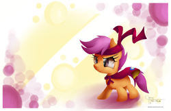 Size: 2550x1650 | Tagged: safe, artist:opticspectrum, character:scootaloo, species:pony, bandana, cape, clothing, cmc cape, female, filly, headband, missing wing, solo, wingless
