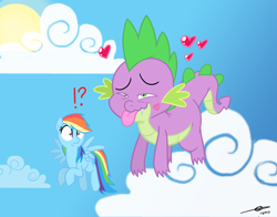 Size: 1280x1003 | Tagged: safe, artist:thex-plotion, character:rainbow dash, character:rarity, character:spike, ship:sparity, female, flying, heart, kiss mark, kissing, male, shipping, straight