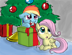 Size: 1022x778 | Tagged: safe, artist:thex-plotion, character:fluttershy, character:rainbow dash, beautiful, christmas, christmas tree, duo, filly, filly fluttershy, filly rainbow dash, mouth hold, present, tree, younger