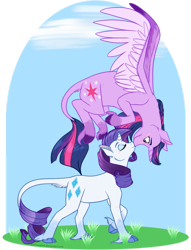 Size: 889x1166 | Tagged: safe, artist:arcticwaters, character:rarity, character:twilight sparkle, character:twilight sparkle (alicorn), species:alicorn, species:classical unicorn, species:pony, species:unicorn, ship:rarilight, blushing, boop, cloven hooves, eyes closed, female, flying, kissing, lesbian, mare, noseboop, nuzzling, shipping, smiling, spread wings, unshorn fetlocks, upside down, wings