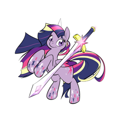 Size: 1000x1000 | Tagged: safe, artist:graphic-lee, character:twilight sparkle, character:twilight sparkle (alicorn), species:alicorn, species:pony, female, magic, mare, rainbow power, simple background, solo, sword, telekinesis, weapon, white background