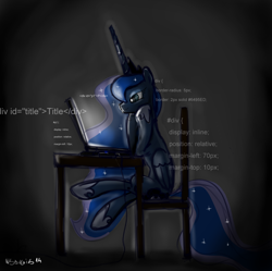 Size: 1612x1607 | Tagged: safe, artist:nadvgia, character:princess luna, species:alicorn, species:pony, chair, codes, coding, computer, css, dark room, female, horn, html, laptop computer, mane, sitting, sleepy, solo, table, tail, wings