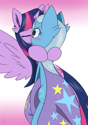 Size: 607x858 | Tagged: safe, artist:ranban, character:trixie, character:twilight sparkle, character:twilight sparkle (alicorn), species:alicorn, species:pony, ship:twixie, blushing, female, kissing, lesbian, mare, shipping, surprise kiss