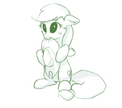 Size: 750x664 | Tagged: safe, artist:junkiekb, character:applejack, :t, biting, clothing, cute, female, floppy ears, hat, hat bite, hoof hold, jackabetes, monochrome, mouth hold, nom, scrunchy face, sitting, smiling, solo