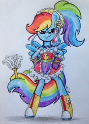 Size: 900x1243 | Tagged: safe, artist:oriwhitedeer, character:rainbow dash, species:pegasus, species:pony, alternate hairstyle, bipedal, clothing, converse, duster, female, maid, mare, prehensile tail, rainbow dash always dresses in style, semi-anthro, shoes, signature, simple background, solo, traditional art, white background
