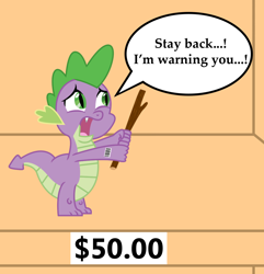 Size: 1018x1055 | Tagged: safe, artist:vincentthecrow, part of a set, character:spike, species:dragon, anti-bronybait, barcode, bronybait, dialogue, fear, for sale, male, ponies for sale, price tag, solo, speech bubble, stick
