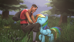 Size: 1920x1080 | Tagged: safe, artist:ferexes, character:rainbow dash, 3d, eyes closed, grin, kneeling, outdoors, petting, raised hoof, scout, smiling, source filmmaker, team fortress 2