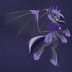 Size: 1024x1024 | Tagged: safe, artist:omgproductions, oc, oc only, species:bat pony, species:pony, armor, bat pony oc, bat wings, flying, hoof shoes, looking at you, night, night guard, night sky, signature, sky, slit eyes, solo, starry night, wing claws, wings