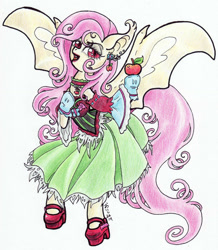 Size: 1000x1147 | Tagged: safe, artist:oriwhitedeer, character:flutterbat, character:fluttershy, species:pony, apple, bipedal, clothing, dress, female, mary janes, solo, traditional art