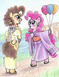 Size: 900x1171 | Tagged: safe, artist:oriwhitedeer, character:boneless, character:cheese sandwich, character:pinkie pie, species:pony, ship:cheesepie, balloon, bipedal, female, japanese, kimono (clothing), male, piercing, sandals, shipping, straight, traditional art, white day